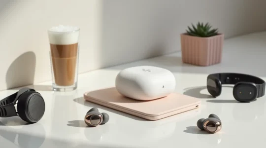 Une collection de gadgets de Noël originaux et technologiques disposés artistiquement avec des emballages cadeaux festifs