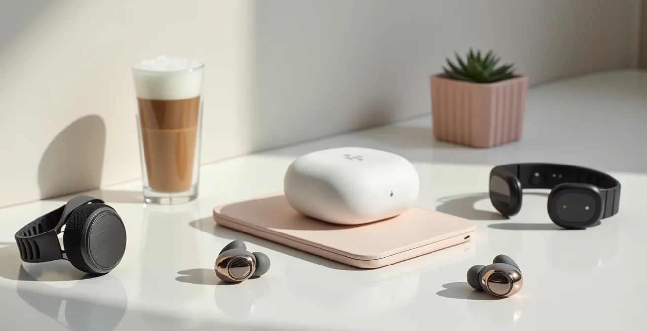 Une collection de gadgets de Noël originaux et technologiques disposés artistiquement avec des emballages cadeaux festifs