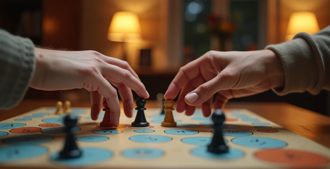 Deux mains se rejoignant au-dessus d'un plateau de jeu moderne avec des pièces colorées et des cartes
