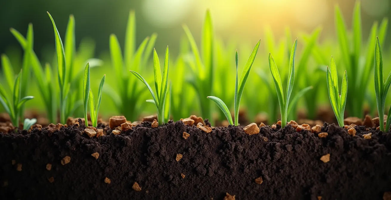 Vue en coupe du sol montrant les racines denses du gazon et la couche de mulching