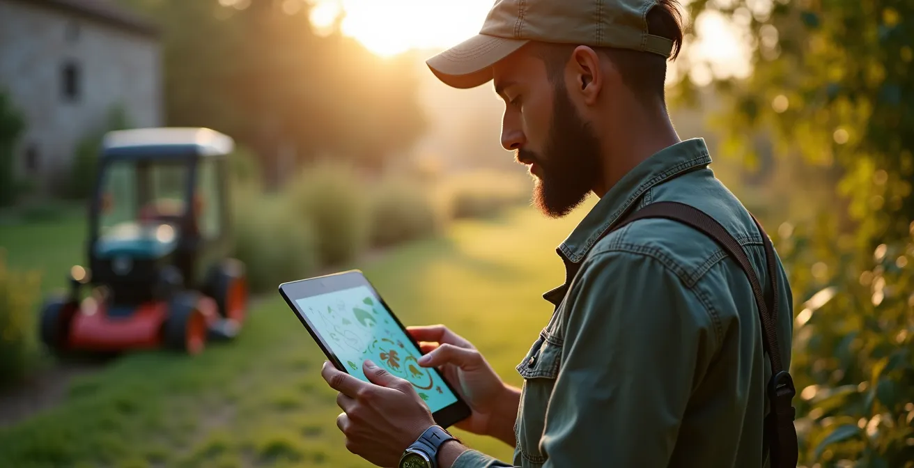 Jardinier consultant une tablette pendant que le robot tondeuse travaille en arrière-plan