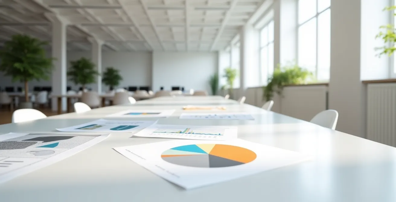 Vue environnementale d'un bureau moderne avec documents énergétiques disposés géométriquement