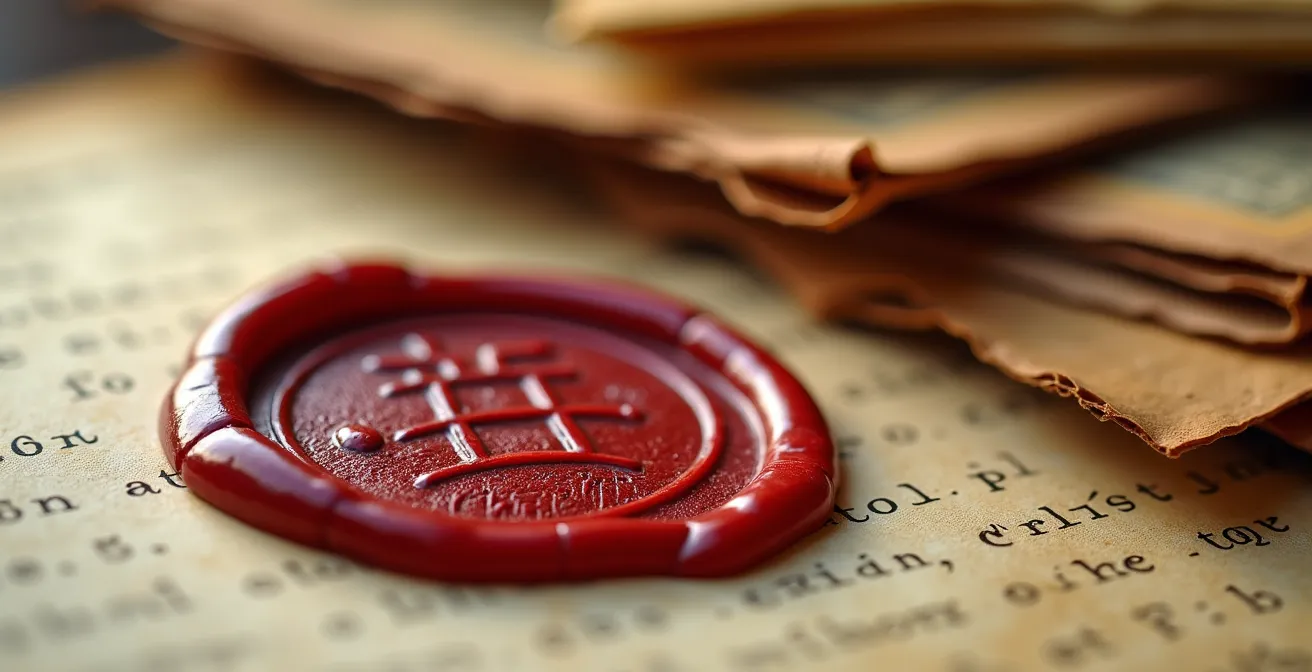 Vue macro de certificats d'authenticité anciens avec cachets de cire