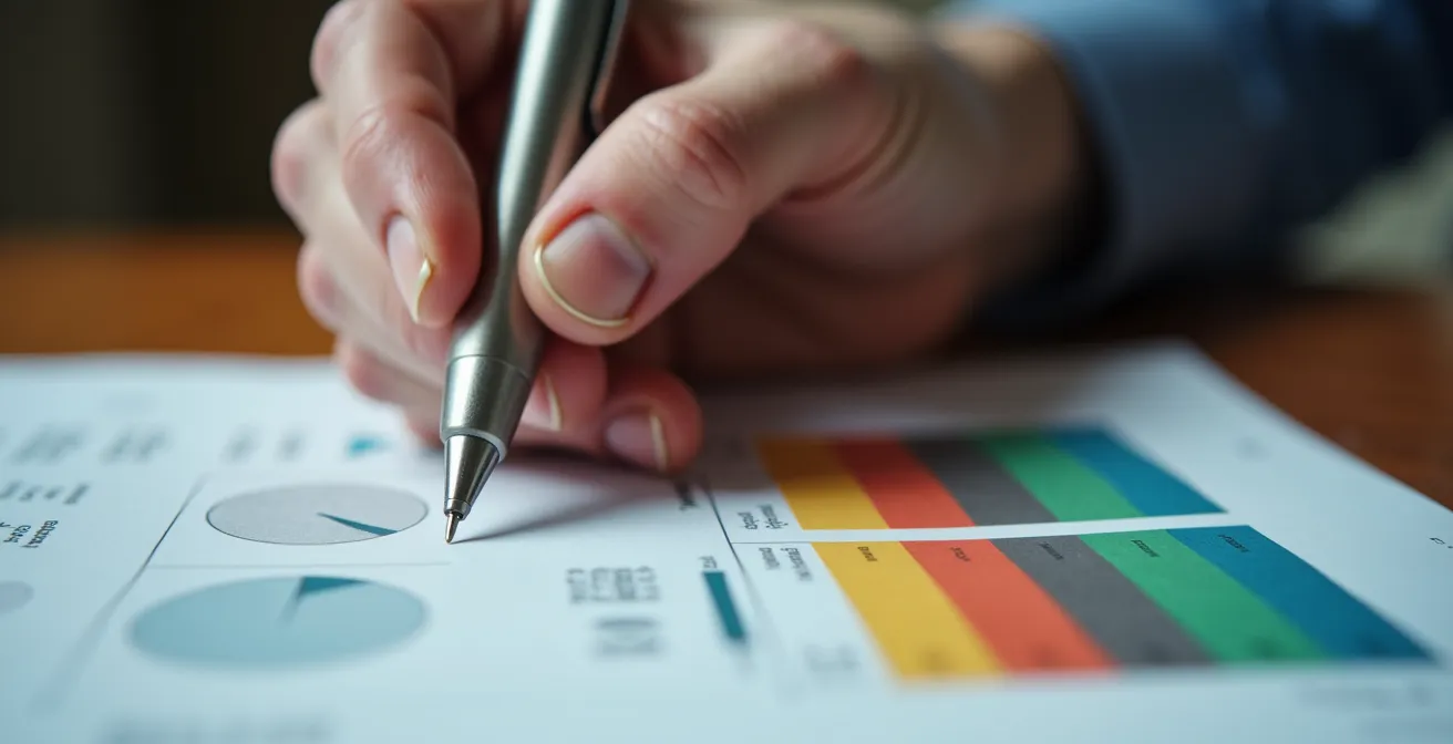 Gros plan sur des mains analysant des graphiques de consommation électrique avec un stylo premium