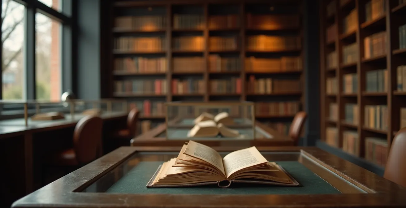 Vue d'ensemble d'une bibliothèque privée avec manuscrits sous vitrines