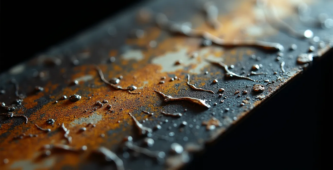 Vue macro détaillée de la surface d'une diapositive montrant les signes de dégradation