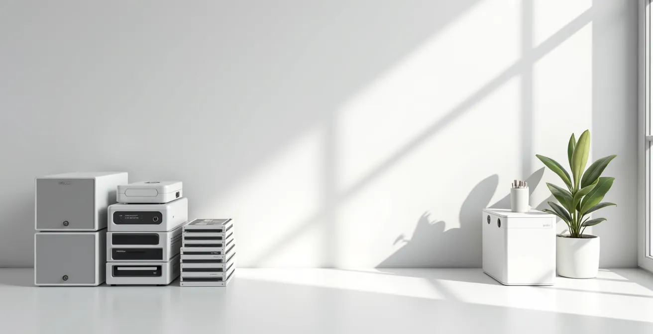 Espace de travail épuré pour la numérisation avec équipement professionnel dans une ambiance minimaliste