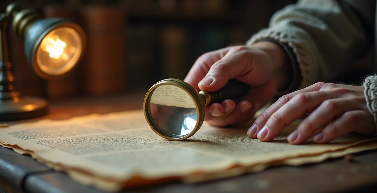 Mains d'expert examinant un document avec une loupe en lumière rasante