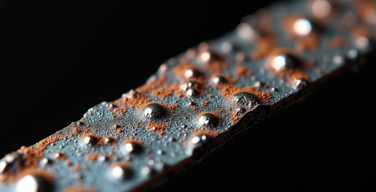 Vue macro d'une bande magnétique montrant la dégradation de la couche magnétique avec des détails de texture