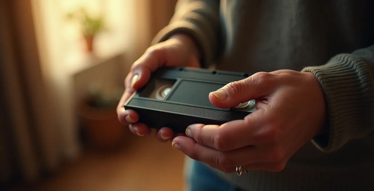 Mains tenant délicatement une cassette VHS familiale avec une lumière douce évoquant la nostalgie