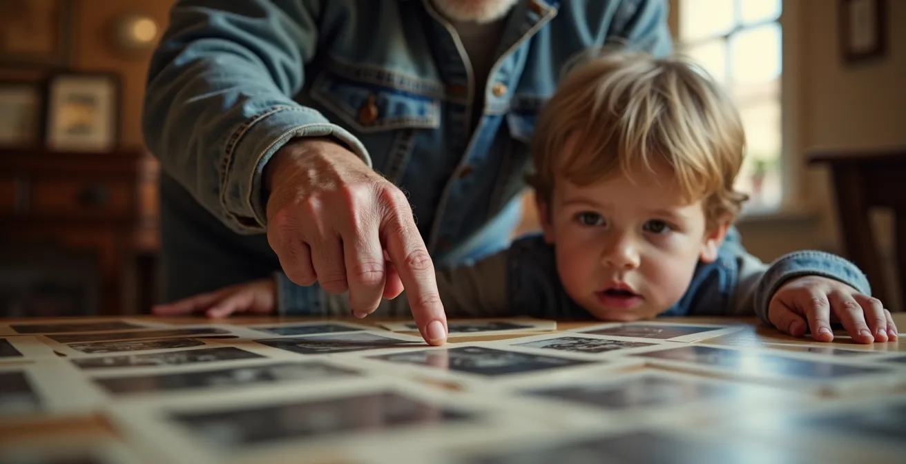 Grand-parent et enfant regardant ensemble des photos anciennes sur une table