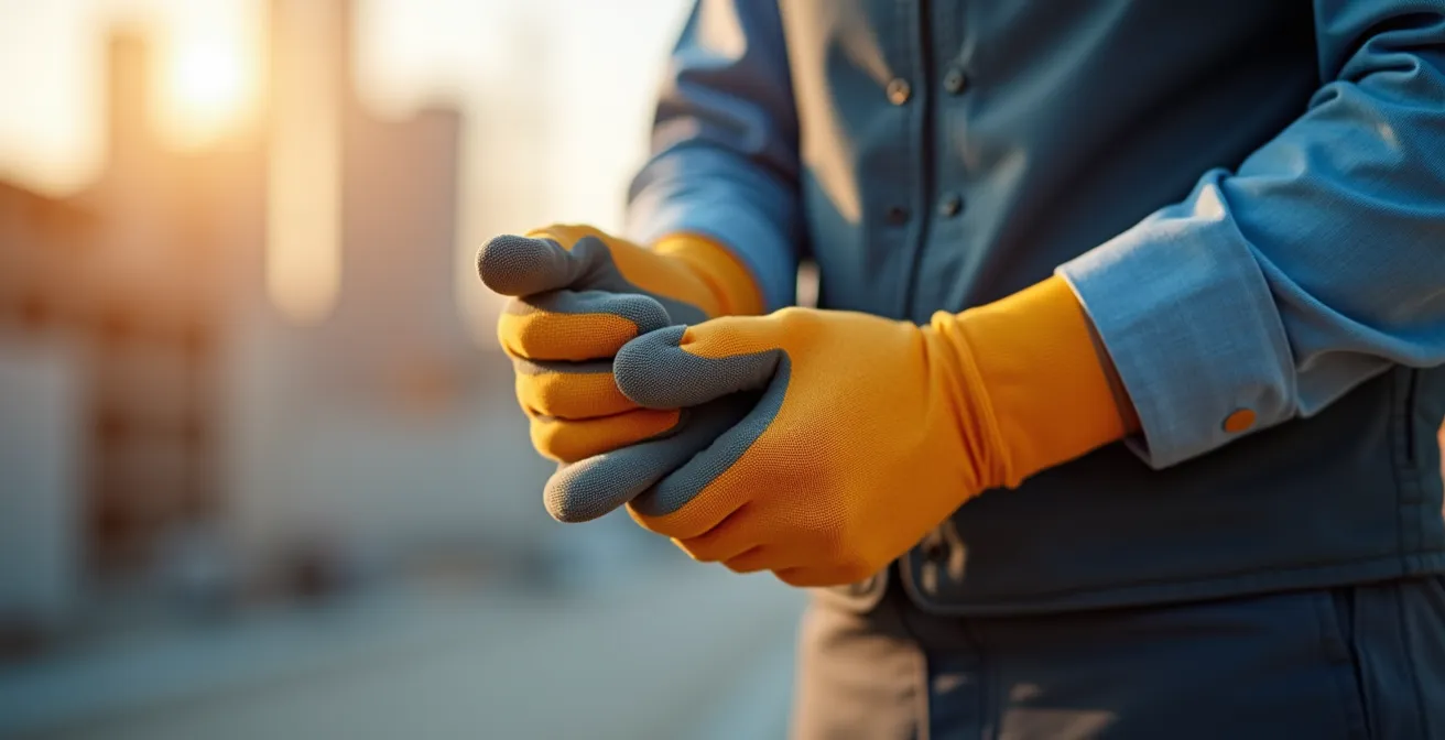 Professionnel testant la flexibilité d'un gant de protection sur un chantier