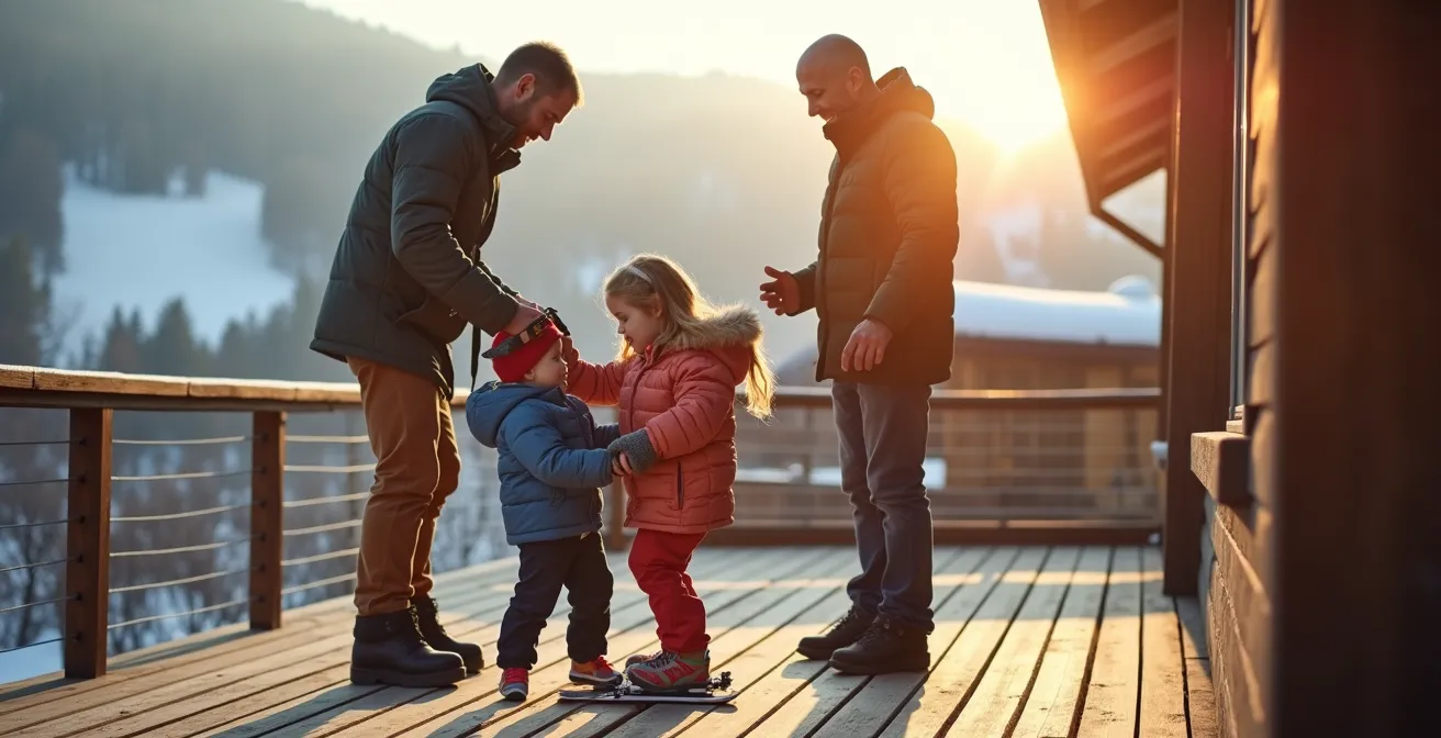 Famille préparant ses skis sur la terrasse ensoleillée d'un chalet avec vue sur les pistes
