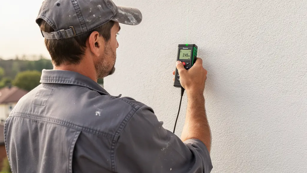 Artisan mesurant la largeur d'une façade avec mètre laser, maison exposée plein sud