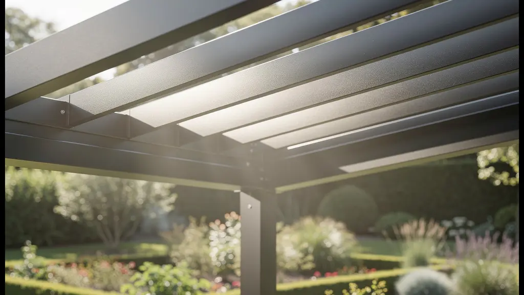Pergola bioclimatique aluminium vue de dessous, lames partiellement ouvertes filtrant la lumière