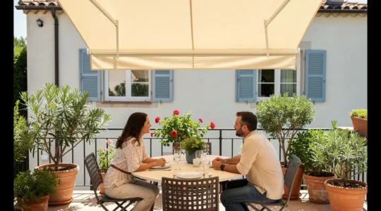 Terrasse méditerranéenne protégée par store banne beige, couple en train de déjeuner à l'ombre