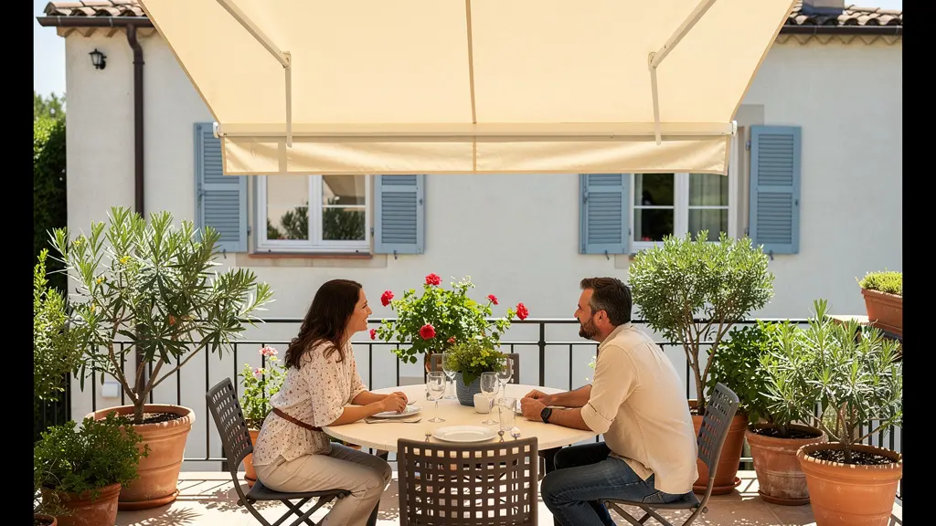 Terrasse méditerranéenne protégée par store banne beige, couple en train de déjeuner à l'ombre