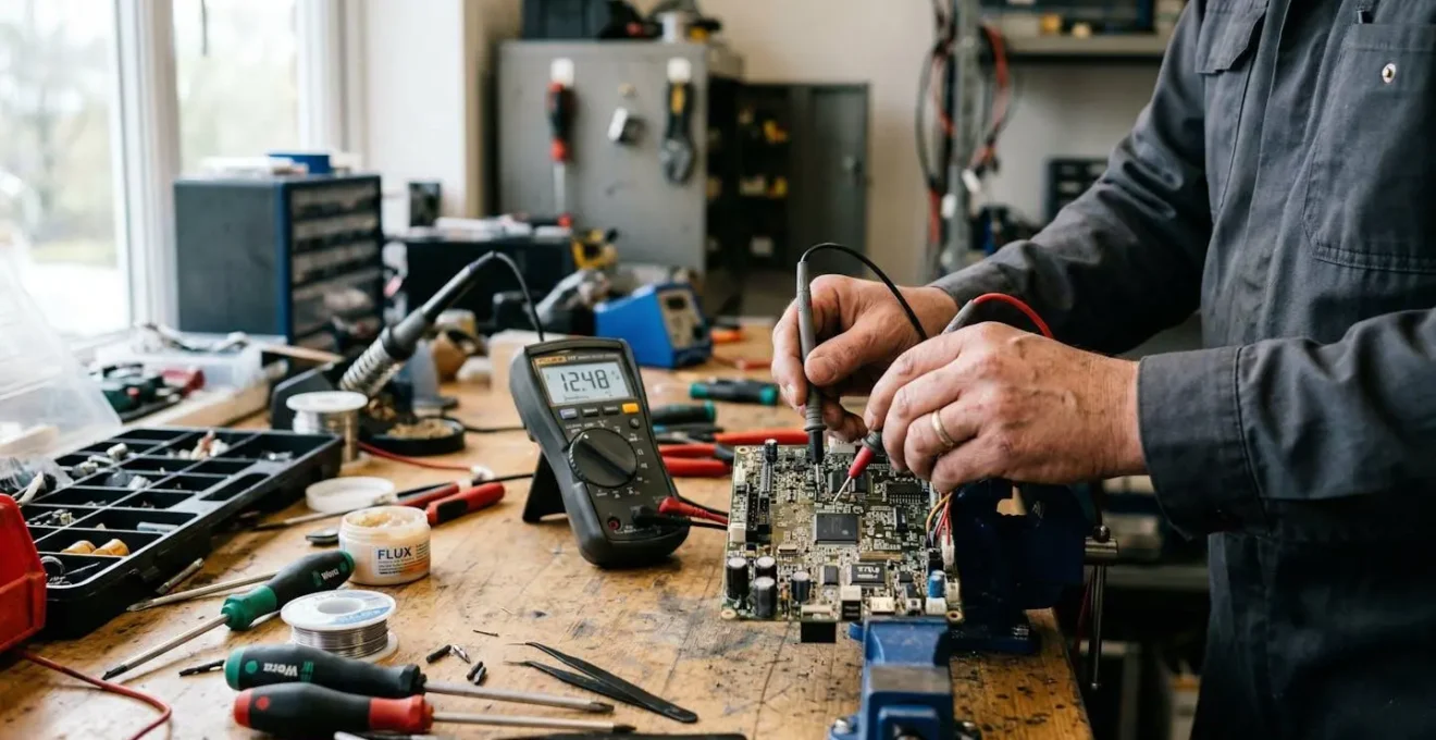 Mains d'un technicien manipulant un multimètre près d'une carte électronique sur un plan de travail d'atelier