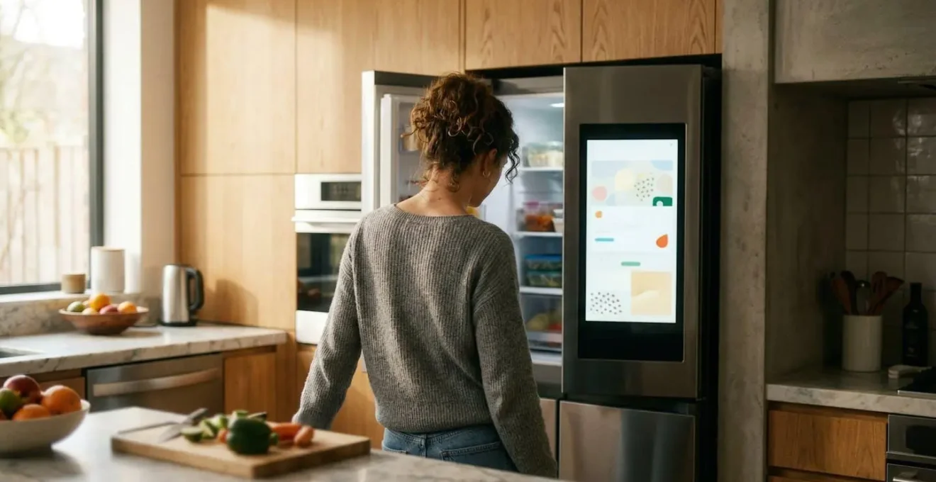 Une personne de dos dans une cuisine lumineuse observe un réfrigérateur connecté équipé d'un écran, ambiance naturelle et chaleureuse