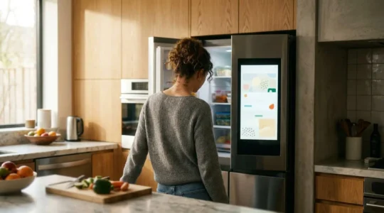 Une personne de dos dans une cuisine lumineuse observe un réfrigérateur connecté équipé d'un écran, ambiance naturelle et chaleureuse