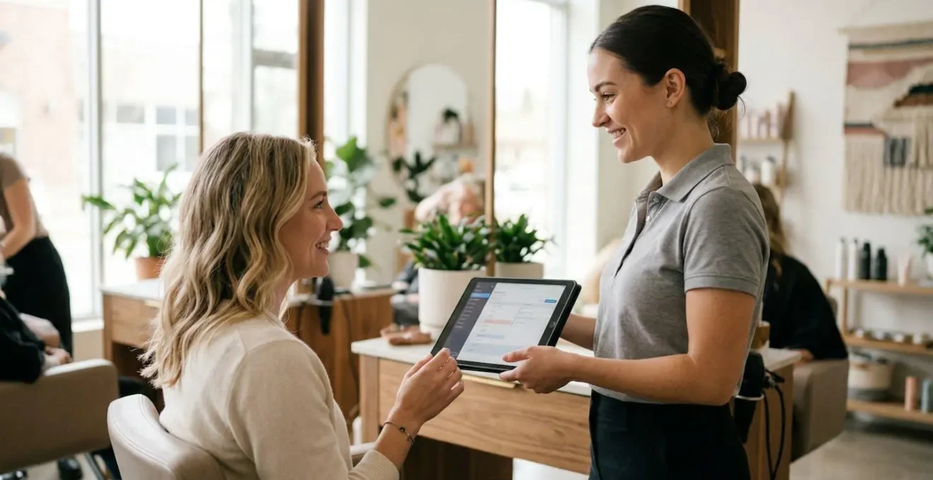 Un technicien en polo discute avec un client dans un salon lumineux, tous deux vus de profil, tablette à la main