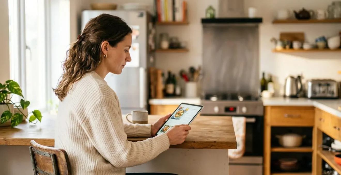 Une personne consulte une tablette dans une cuisine moderne, des appareils électroménagers visibles en arrière-plan dans un flou artistique