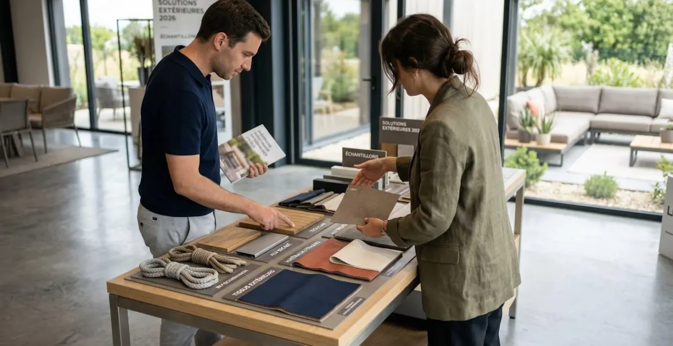 Deux personnes vues de profil observent et touchent différents échantillons de matériaux pour mobilier de jardin posés sur une table dans un showroom contemporain lumineux