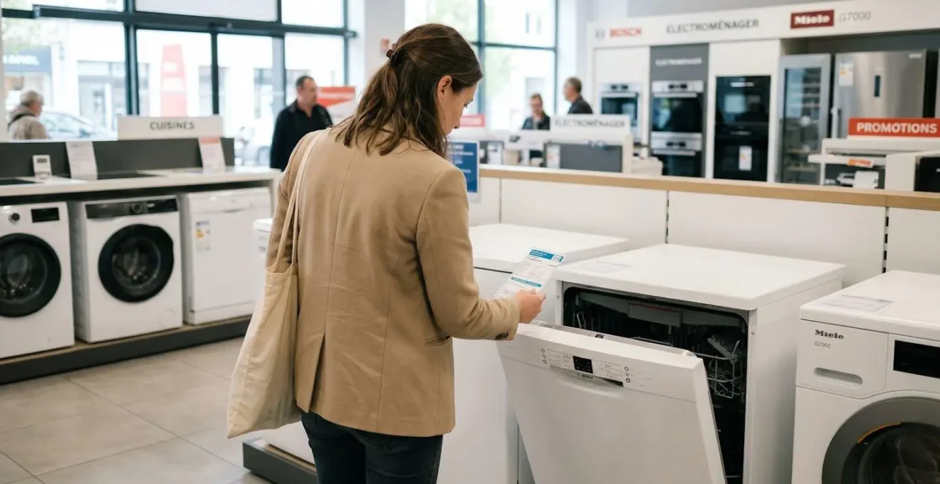 Une femme de dos en veste beige consulte attentivement une étiquette de garantie apposée sur un lave-vaisselle blanc dans un environnement de magasin lumineux