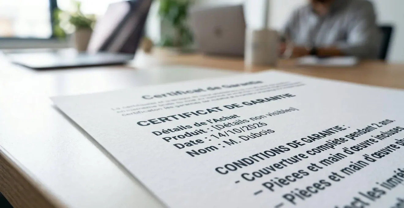 Gros plan en lumière naturelle sur un document de garantie posé sur une surface claire, avec le texte 'Garantie 2 ans' visible en mise au point sélective