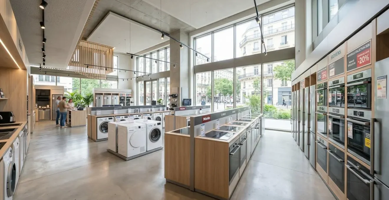 Vue en plongée d'un rayon électroménager moderne avec des étiquettes promotionnelles colorées affichées sur des réfrigérateurs et lave-vaisselle alignés sous une lumière naturelle