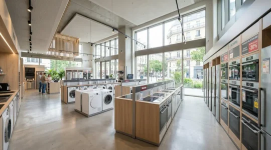 Vue en plongée d'un rayon électroménager moderne avec des étiquettes promotionnelles colorées affichées sur des réfrigérateurs et lave-vaisselle alignés sous une lumière naturelle