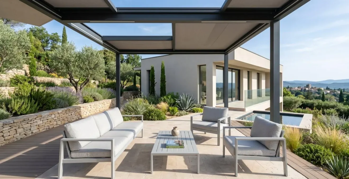 Une terrasse contemporaine française avec salon de jardin en aluminium gris clair sous une pergola, vue sur un jardin méditerranéen baigné de lumière matinale douce