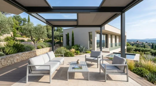Une terrasse contemporaine française avec salon de jardin en aluminium gris clair sous une pergola, vue sur un jardin méditerranéen baigné de lumière matinale douce
