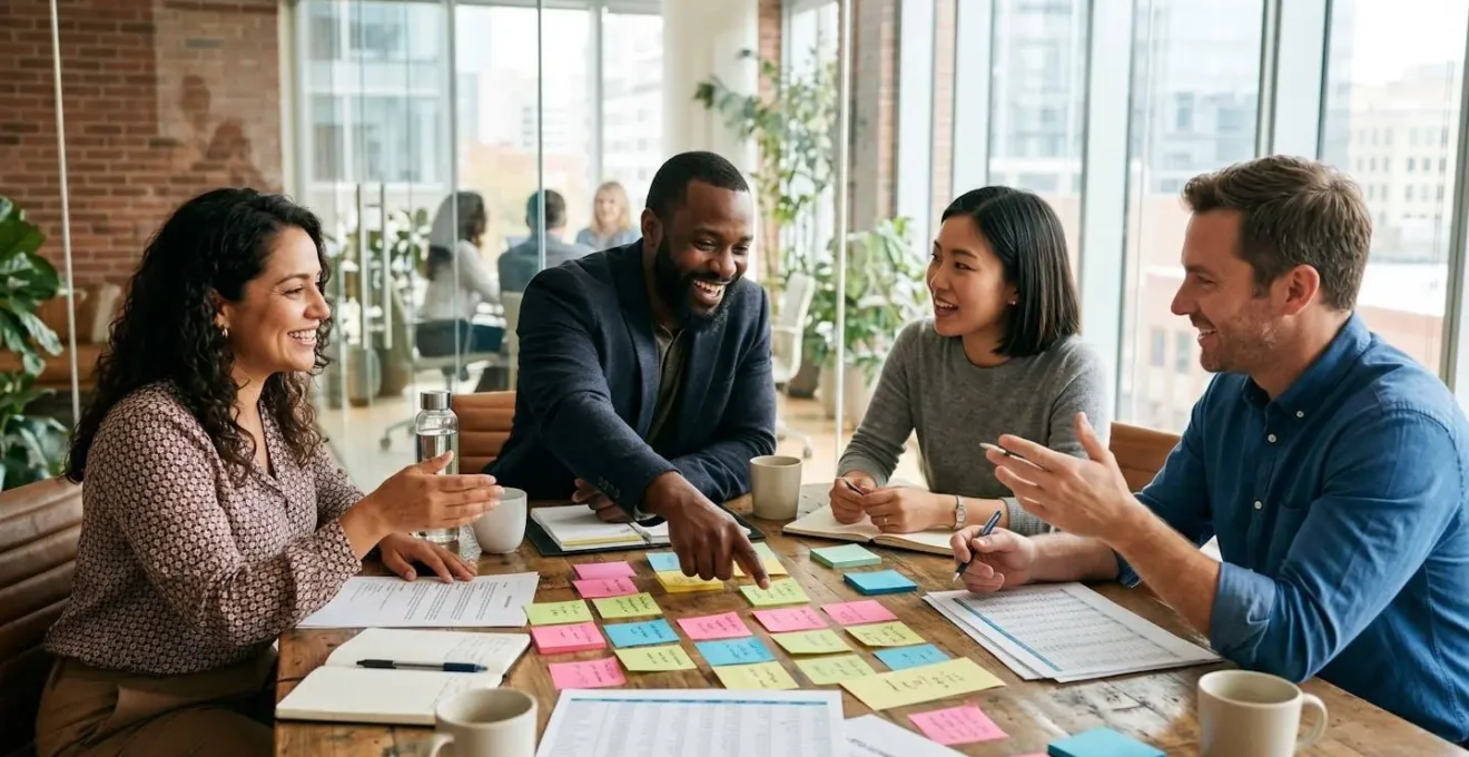 Groupe de collaborateurs autour d'une table de réunion avec des post-it colorés représentant la modélisation des attributs produits lors d'un atelier de cadrage PIM