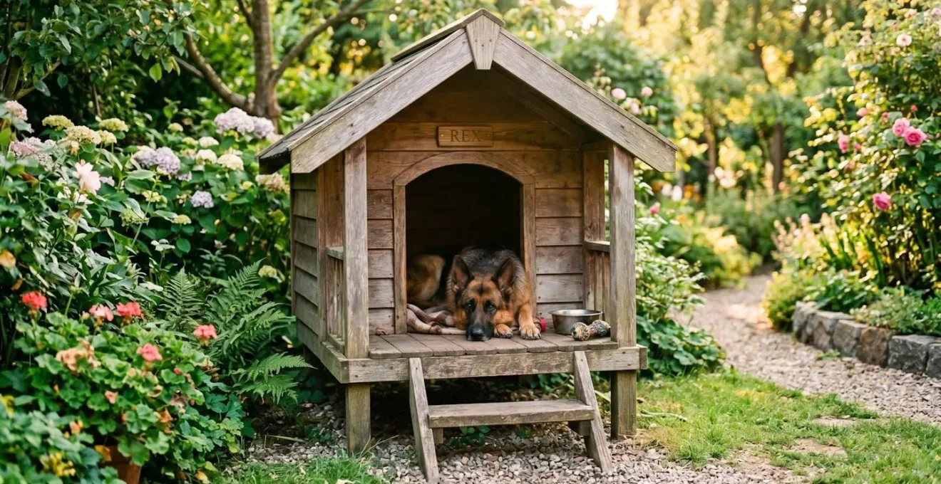 Berger allemand installé à l'entrée d'une niche en bois surélevée, dans un jardin verdoyant au soleil