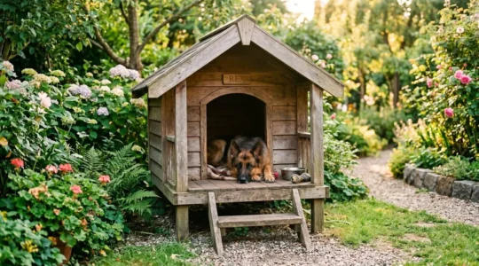 Berger allemand installé à l'entrée d'une niche en bois surélevée, dans un jardin verdoyant au soleil