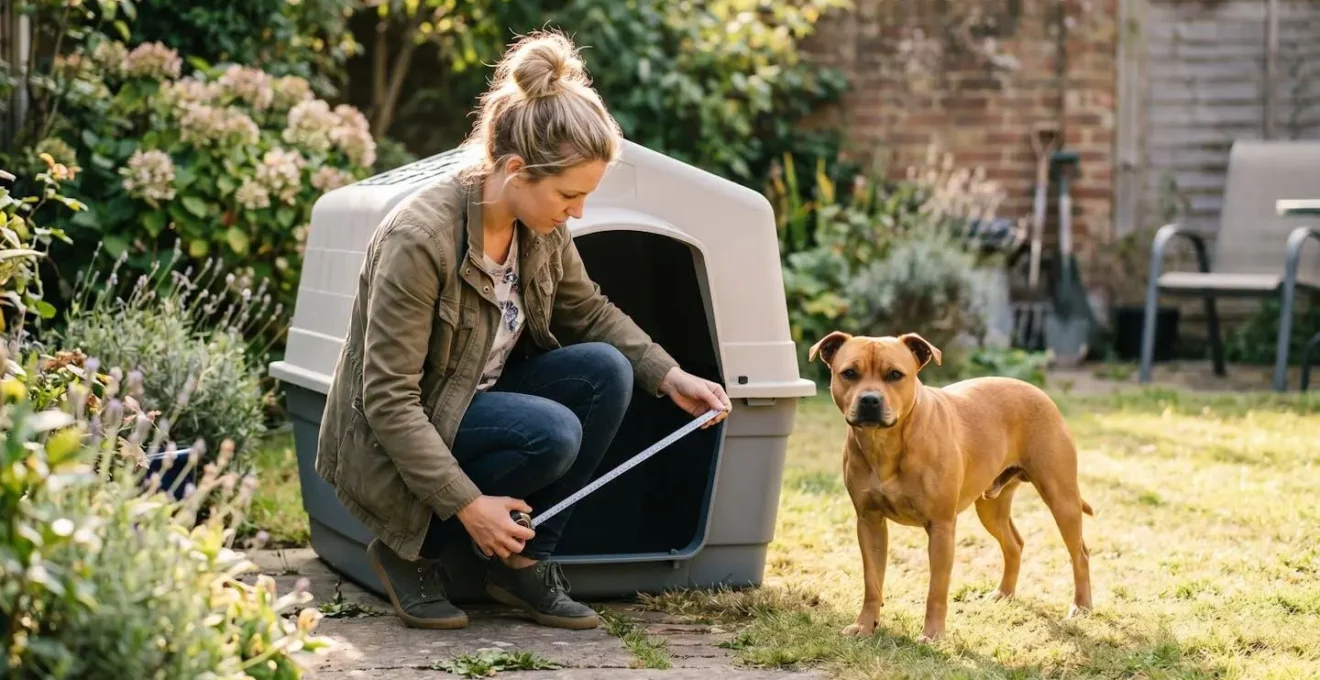Propriétaire mesurant l'intérieur d'une niche en plastique dans un jardin, avec un chien de taille moyenne à proximité