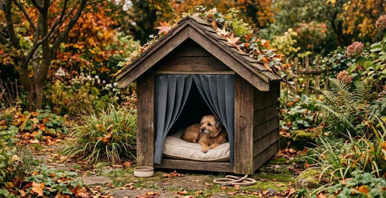 Niche en bois équipée d'un rideau en lanières souples et d'un coussin moelleux, installée dans un jardin sous un ciel nuageux d'automne