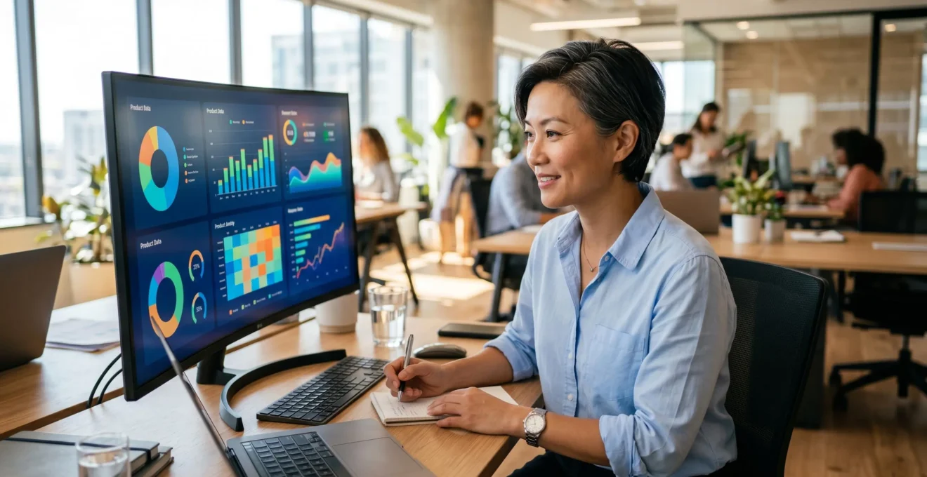 Responsable marketing consultant un tableau de bord de gestion de données produits sur un écran d'ordinateur dans un open space moderne