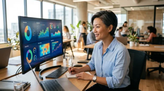 Responsable marketing consultant un tableau de bord de gestion de données produits sur un écran d'ordinateur dans un open space moderne