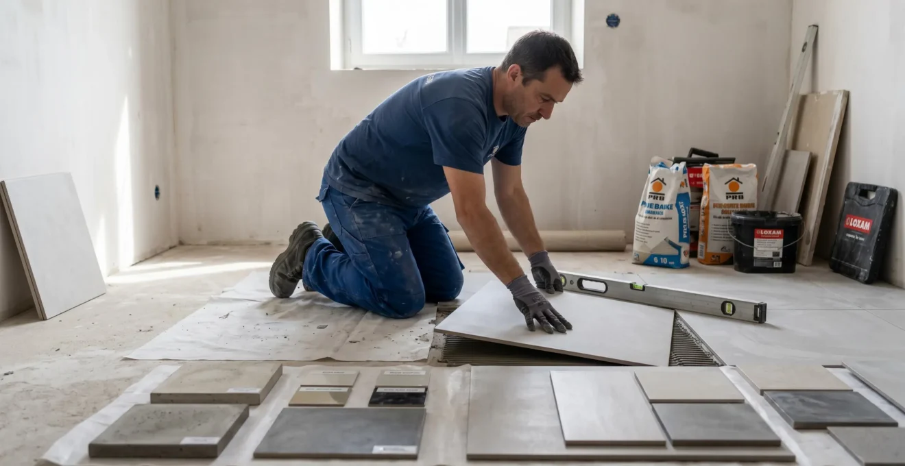 Artisan carreleur posant un carreau grand format gris clair avec échantillons de matériaux contemporains (béton ciré, résine) visibles au premier plan sur chantier de rénovation