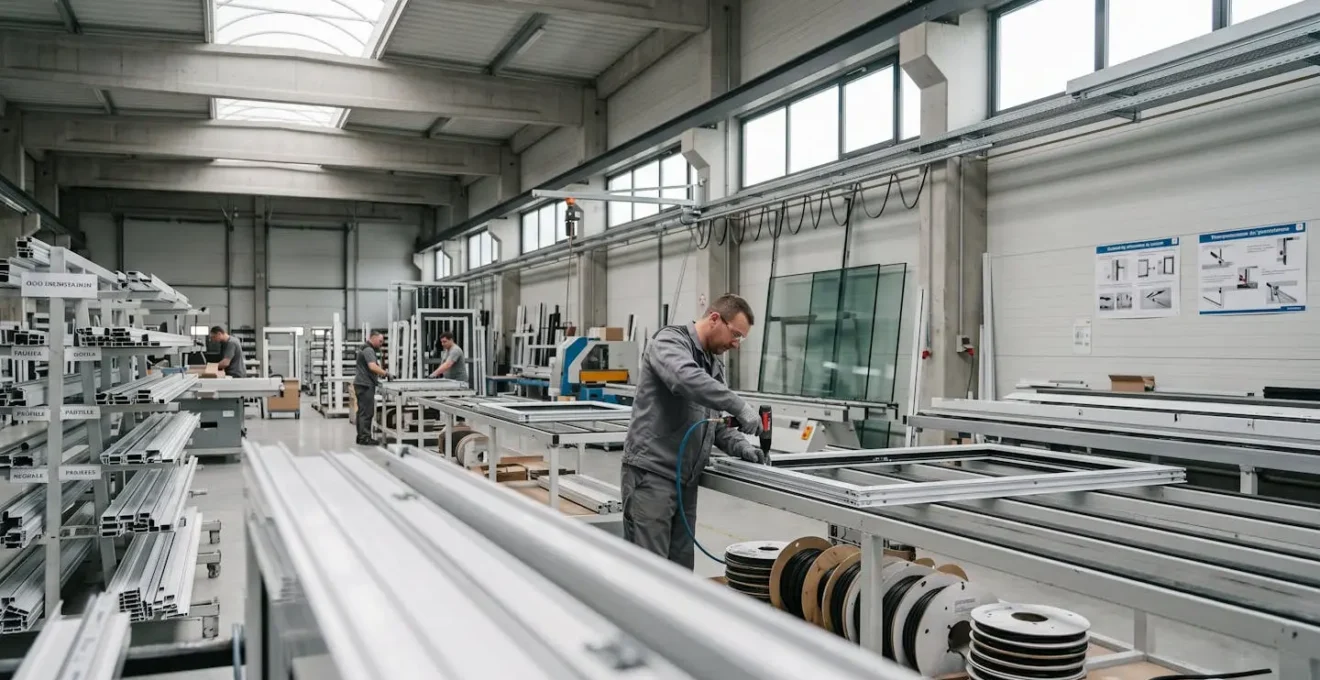 Atelier de fabrication moderne de menuiseries en Pologne avec lignes de production de profilés PVC et technicien assemblant des fenêtres sur mesure dans un environnement industriel organisé