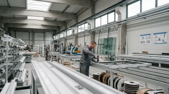 Atelier de fabrication moderne de menuiseries en Pologne avec lignes de production de profilés PVC et technicien assemblant des fenêtres sur mesure dans un environnement industriel organisé