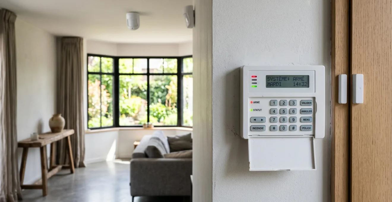 Centrale d'alarme blanche avec clavier tactile fixée au mur d'un salon contemporain français, avec détecteurs de mouvement et d'ouverture visibles en arrière-plan, dans une ambiance lumineuse et rassurante