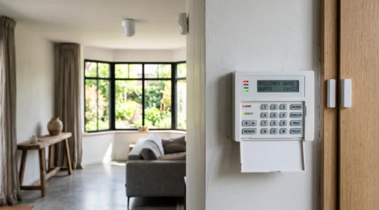 Centrale d'alarme blanche avec clavier tactile fixée au mur d'un salon contemporain français, avec détecteurs de mouvement et d'ouverture visibles en arrière-plan, dans une ambiance lumineuse et rassurante