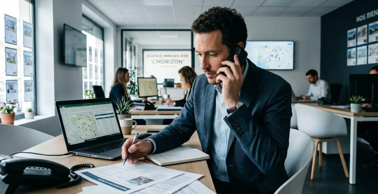 Un chasseur immobilier au téléphone dans son bureau, consultant son réseau pour identifier des biens immobiliers avant leur mise en vente publique