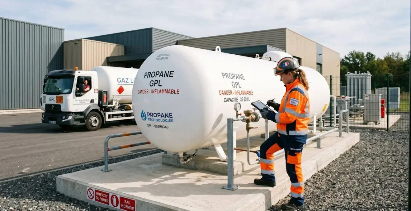 Citerne de propane aérienne blanche sur site industriel français avec technicien certifié effectuant contrôle technique et camion de livraison GPL en arrière-plan