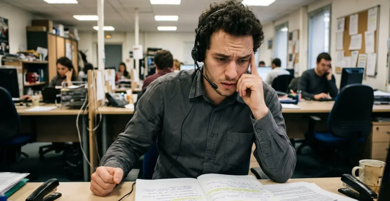 Closer débutant tendu lors d'un appel commercial, consultant nerveusement un script papier, posture crispée traduisant le manque d'assurance
