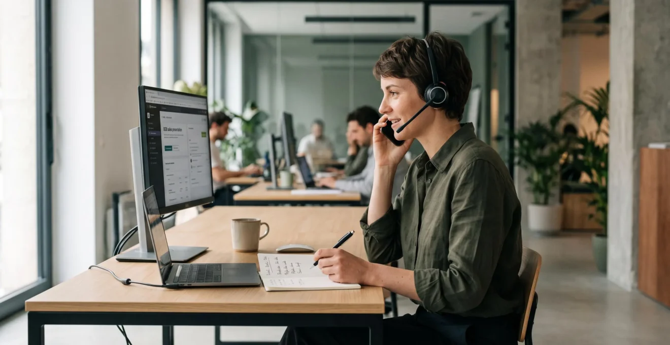Closer professionnel au casque en plein appel commercial B2B, concentré sur son écran et prenant des notes manuscrites, dans un bureau contemporain français