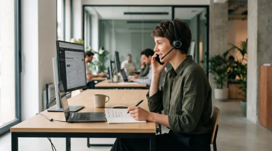 Closer professionnel au casque en plein appel commercial B2B, concentré sur son écran et prenant des notes manuscrites, dans un bureau contemporain français